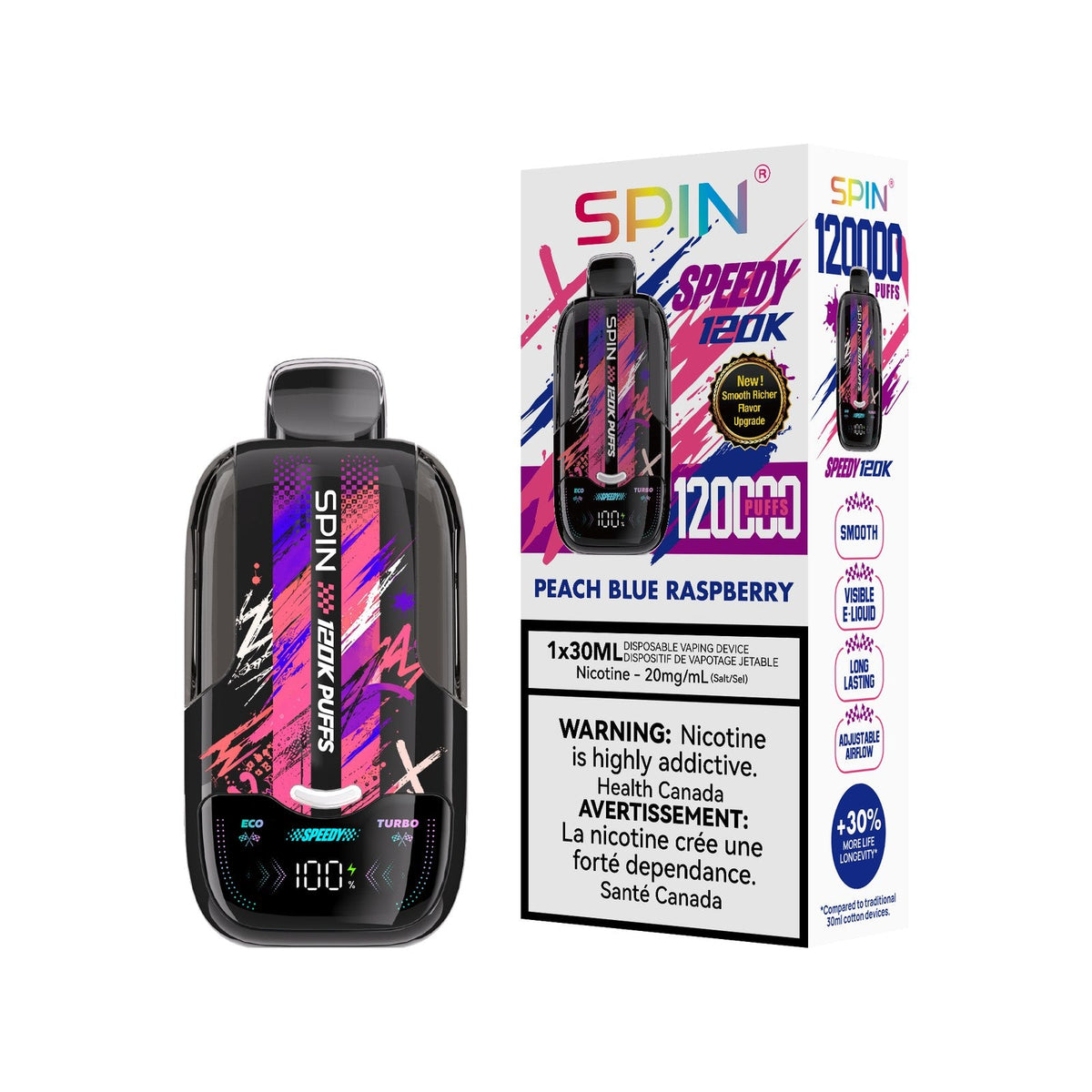 SPIN Speedy 120K disposable vape in Peach Blue Raspberry flavour with box, 120,000 puffs, 30mL | Supa Vapes Canada