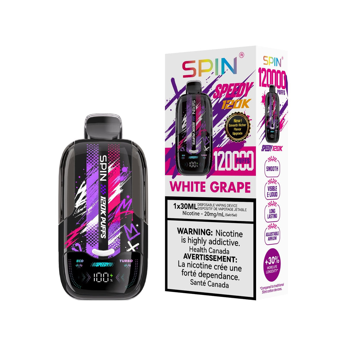 SPIN Speedy 120K disposable vape in White Grape flavour with box, 120,000 puffs, 30mL | Supa Vapes Canada