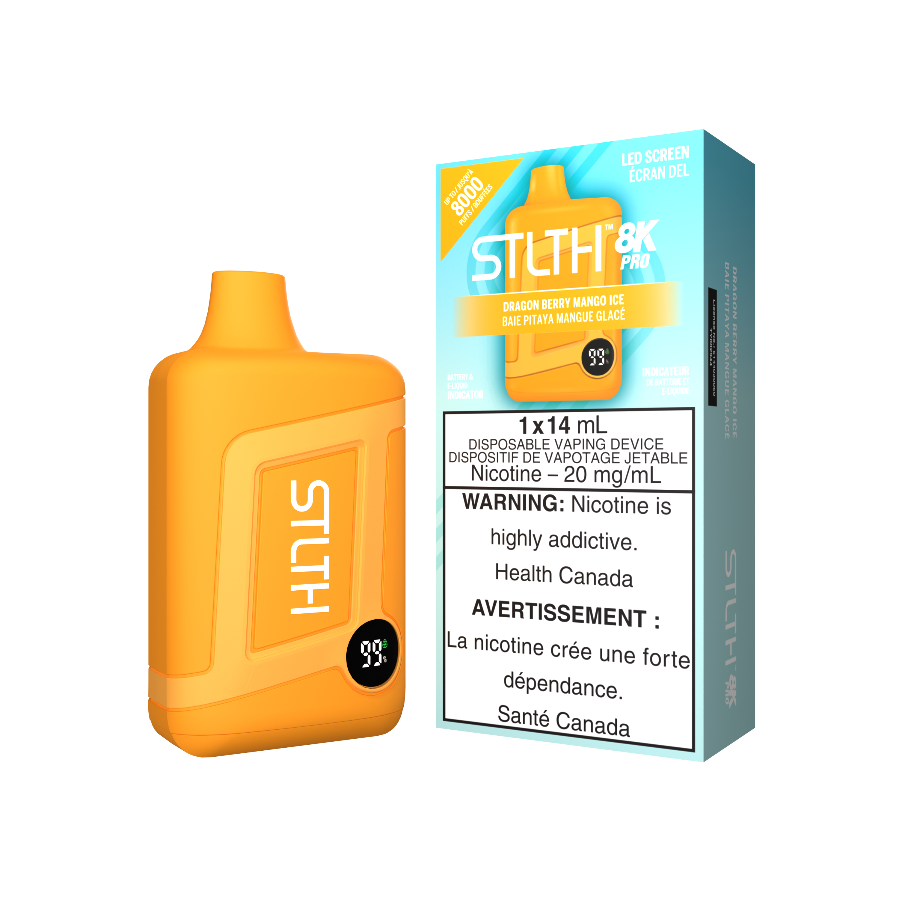 STLTH 8K PRO, Strawberry Lime Ice flavour with 20mg nicotine, enhanced with LED juice and battery indicator, designed for Ontario and Quebec vapers.