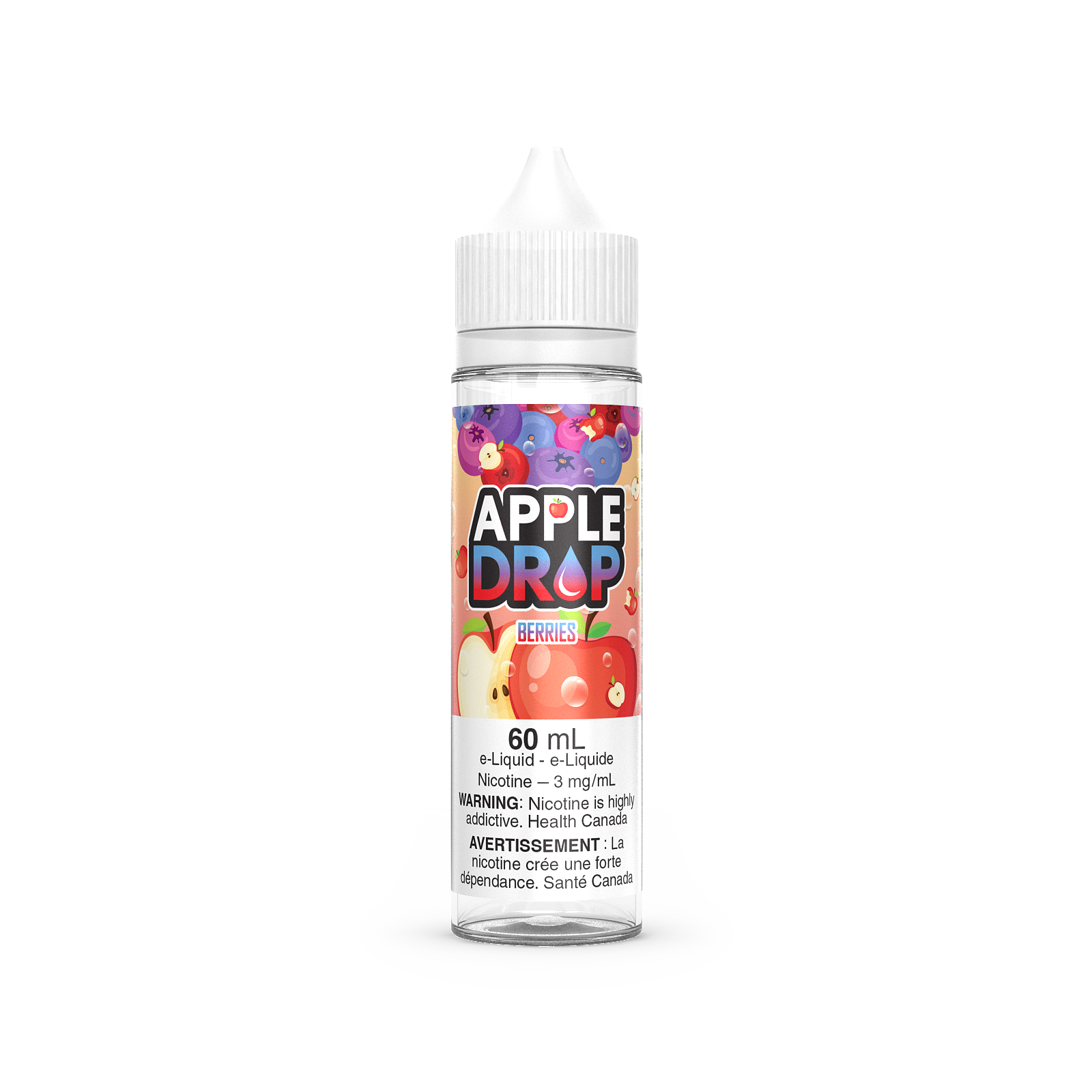 Apple Drop 60mL vape juice, Berries flavour with 3mg nicotine, fresh and fruity vaping option crafted for vapers in Ontario and Quebec.